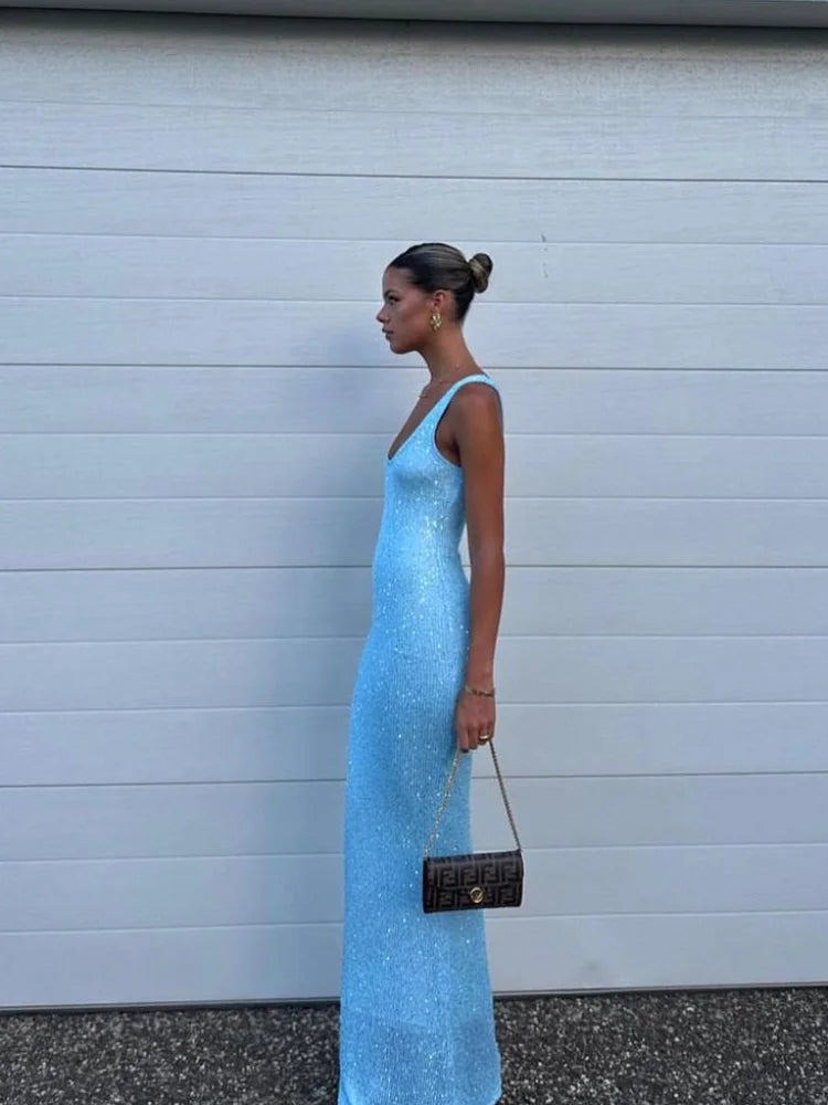NOMI™ - Glittrig Paljett Lång Klänning i Slim Fit