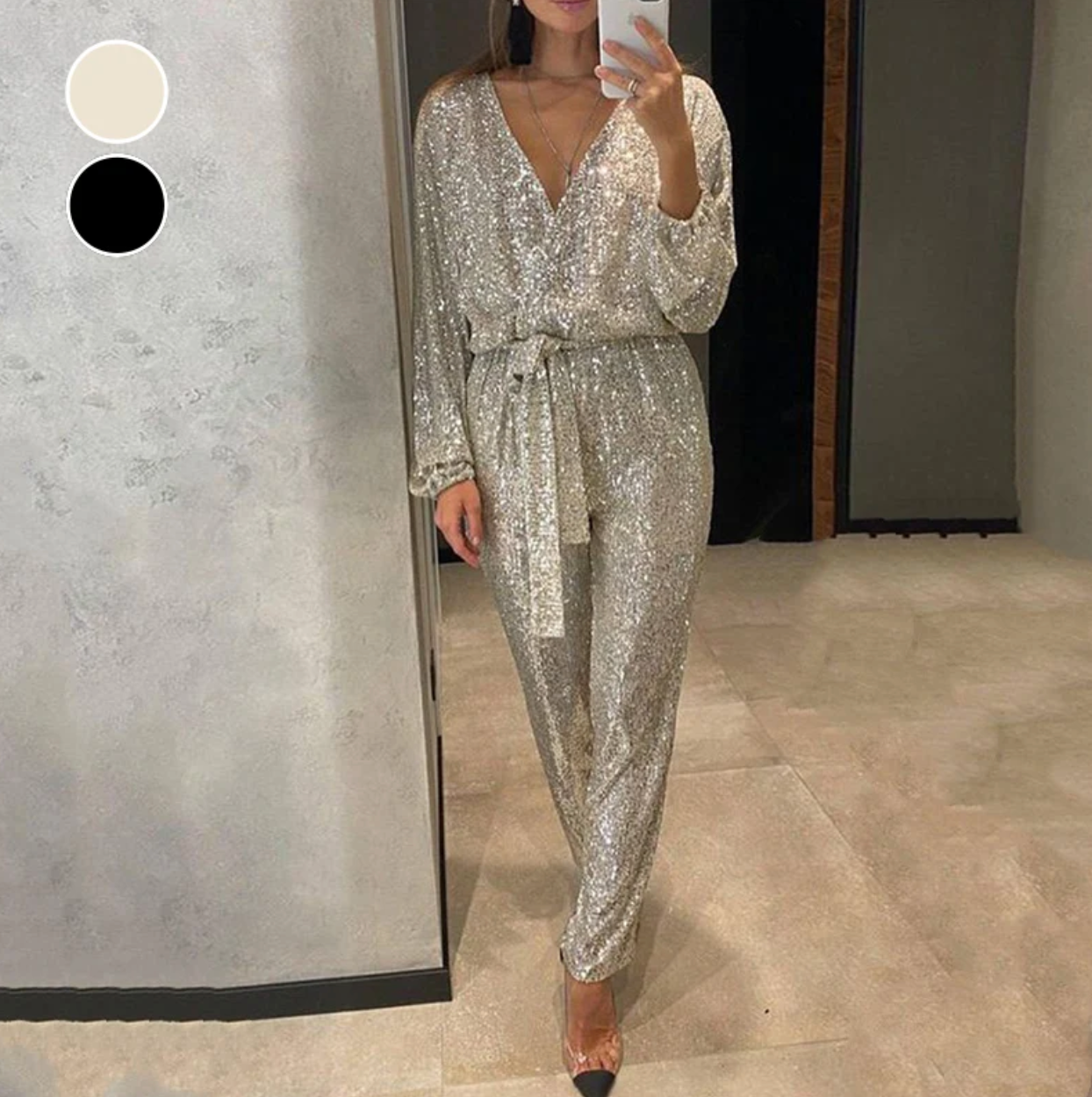 NOMI™ - Glittrande jumpsuit med V-hals och bälte