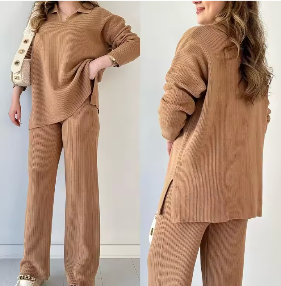 NOMI™ - V-ringad Casual Delad Stickad Tvådelad Sats
