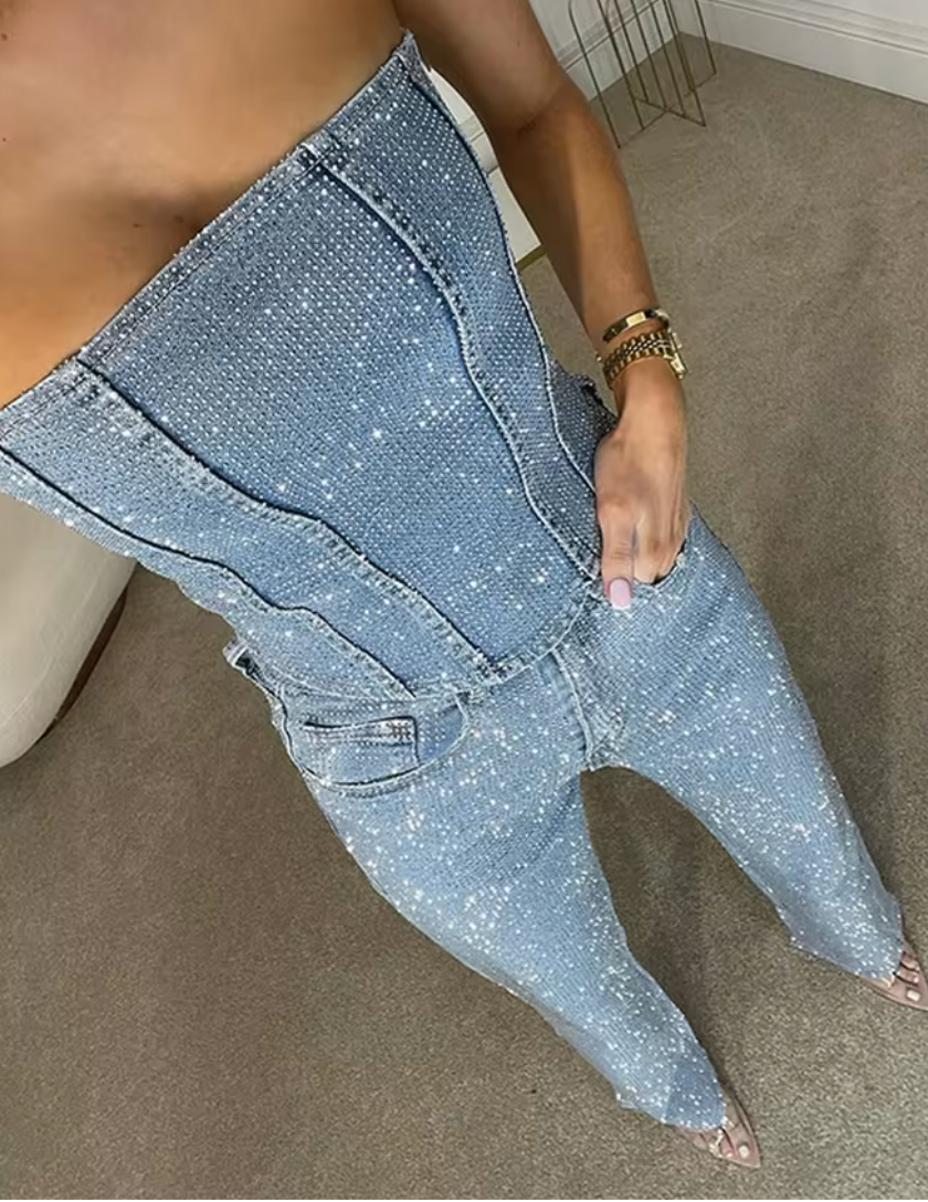 NOMI™ - Sparkle High-Waisted Denim Jeans and Denim Corset