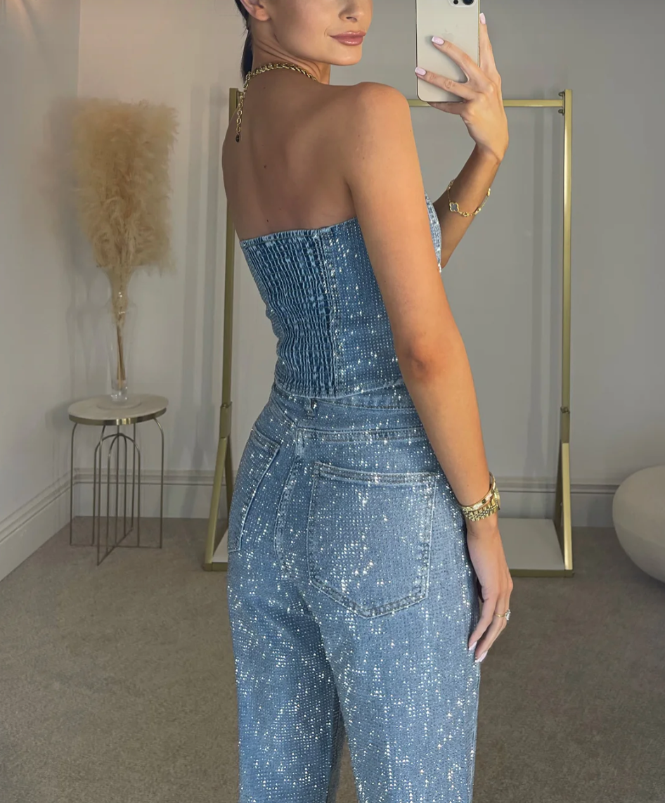 NOMI™ - Sparkle High-Waisted Denim Jeans and Denim Corset