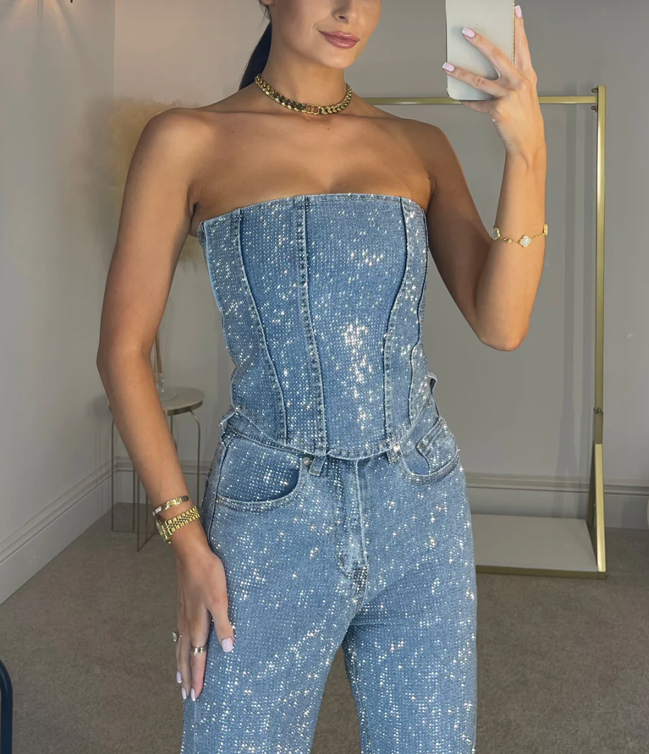 NOMI™ - Sparkle High-Waisted Denim Jeans and Denim Corset