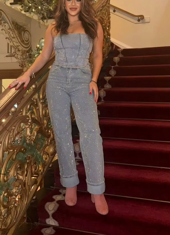 NOMI™ - Sparkle High-Waisted Denim Jeans and Denim Corset