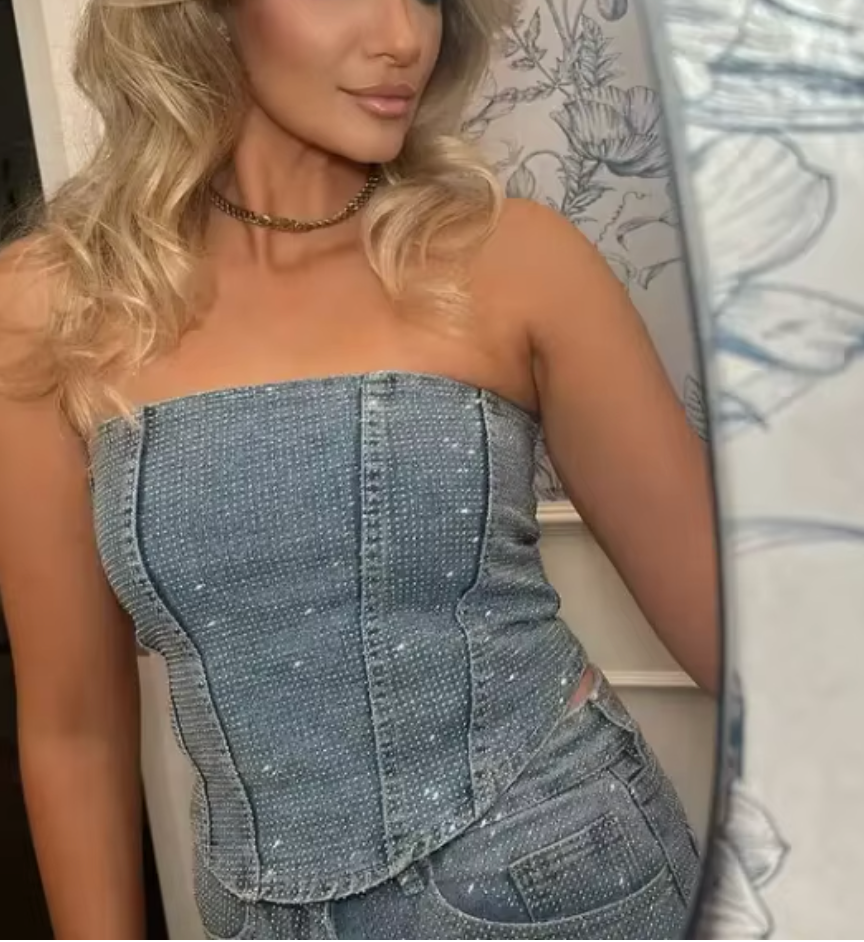 NOMI™ - Sparkle High-Waisted Denim Jeans and Denim Corset