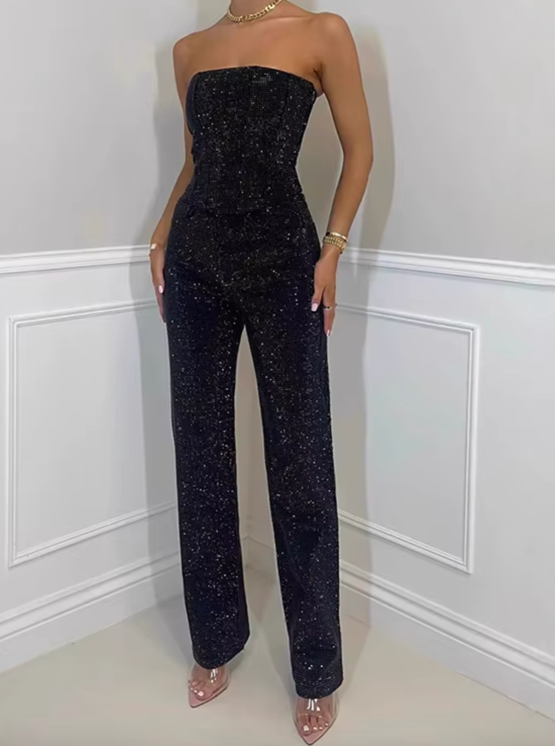 NOMI™ - Sparkle High-Waisted Denim Jeans and Denim Corset