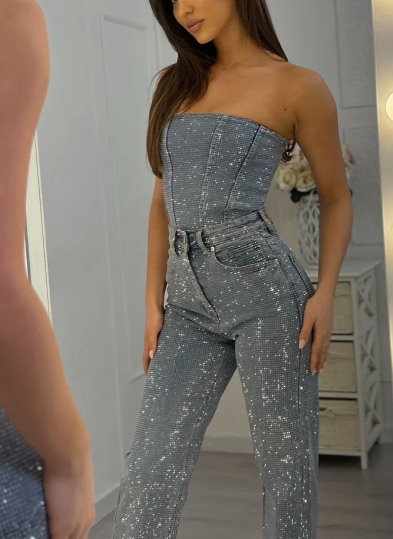 NOMI™ - Sparkle High-Waisted Denim Jeans and Denim Corset